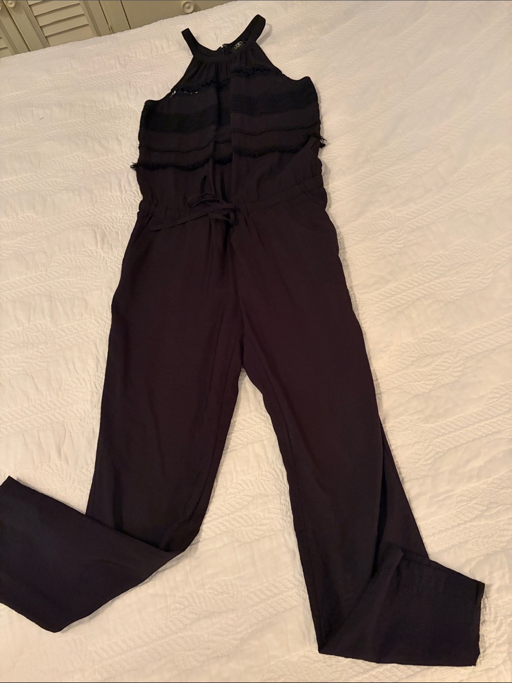 LOFT Black Halter Lace-Trim Jumpsuit